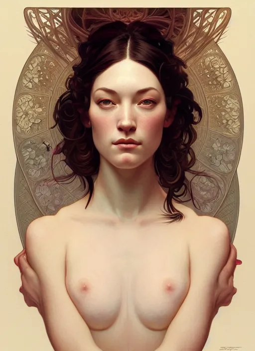 Image similar to symmetry portrait of floral stoya, intricate, elegant, highly detailed, digital painting, artstation, concept art, smooth, sharp focus, illustration, art by artgerm and greg rutkowski and alphonse mucha, 8 k