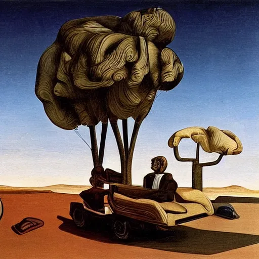 Prompt: four disquieting muses driving a cabrio car through the desert at midday, long shot painting by Giorgio de Chirico