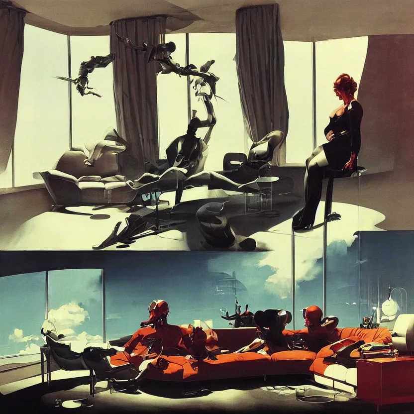 Image similar to a futuristic minimalist lounge room with a big window, wide open meadow. billowing clouds in the sky. highly detailed science fiction painting by norman rockwell, frank frazetta, and syd mead. rich colors, high contrast, gloomy atmosphere. trending on artstation.