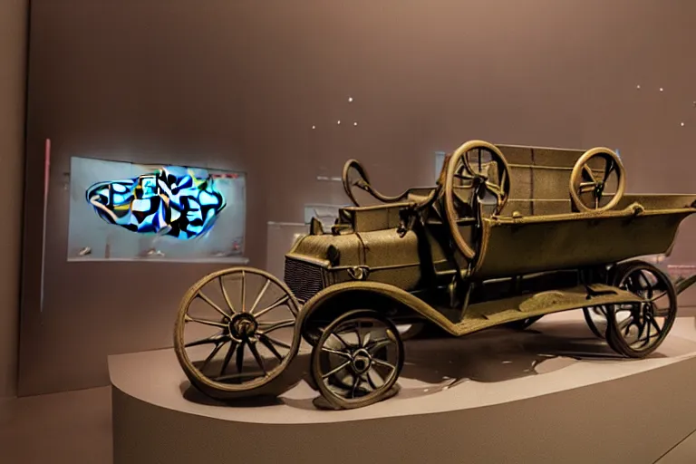 Image similar to cyberpunk 1 9 0 8 model ford t, volumetric lighting, in a museum, museum exhibit, museum lighting, 9 0 s film photo