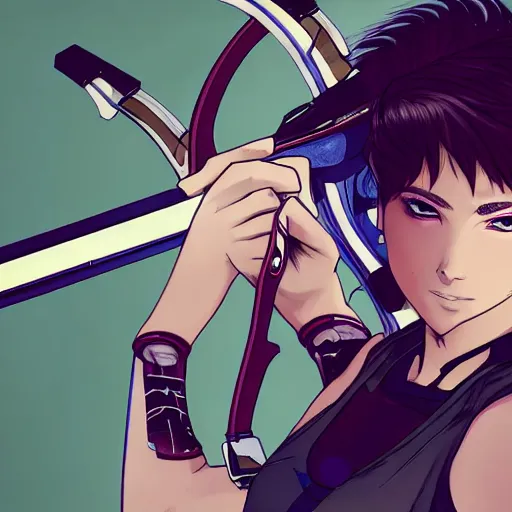 Image similar to close up, attractive sports woman in archery, a grungy cyberpunk anime, highly detailed