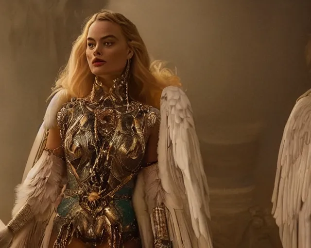 Image similar to Margot robbie as a goddess in heaven, Photography, Cinematic, Portrait, insanely detailed and intricate, hypermaximalist, elegant, ornate, hyper realistic, super detailed