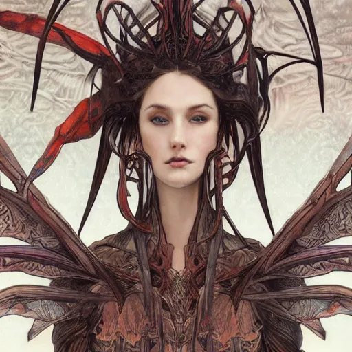 Prompt: 3/4 body portrait of the firedragon queen by artgerm and H R Giger and alphonse mucha, HD, full body dragon concept, flying dragon, Human body with dragon features, beautiful queen, perfect face, perfect body, 10/10 would dream again, fantasy, intricate, elegant, highly detailed, digital painting, artstation, concept art, smooth, sharp focus, illustration, ray tracing, 4k realistic 3d rendered portrait, soft shading, soft colors, relaxed colors, hyperdetailed, wide angle lens, fantasy, futuristic horror, armor style of giger