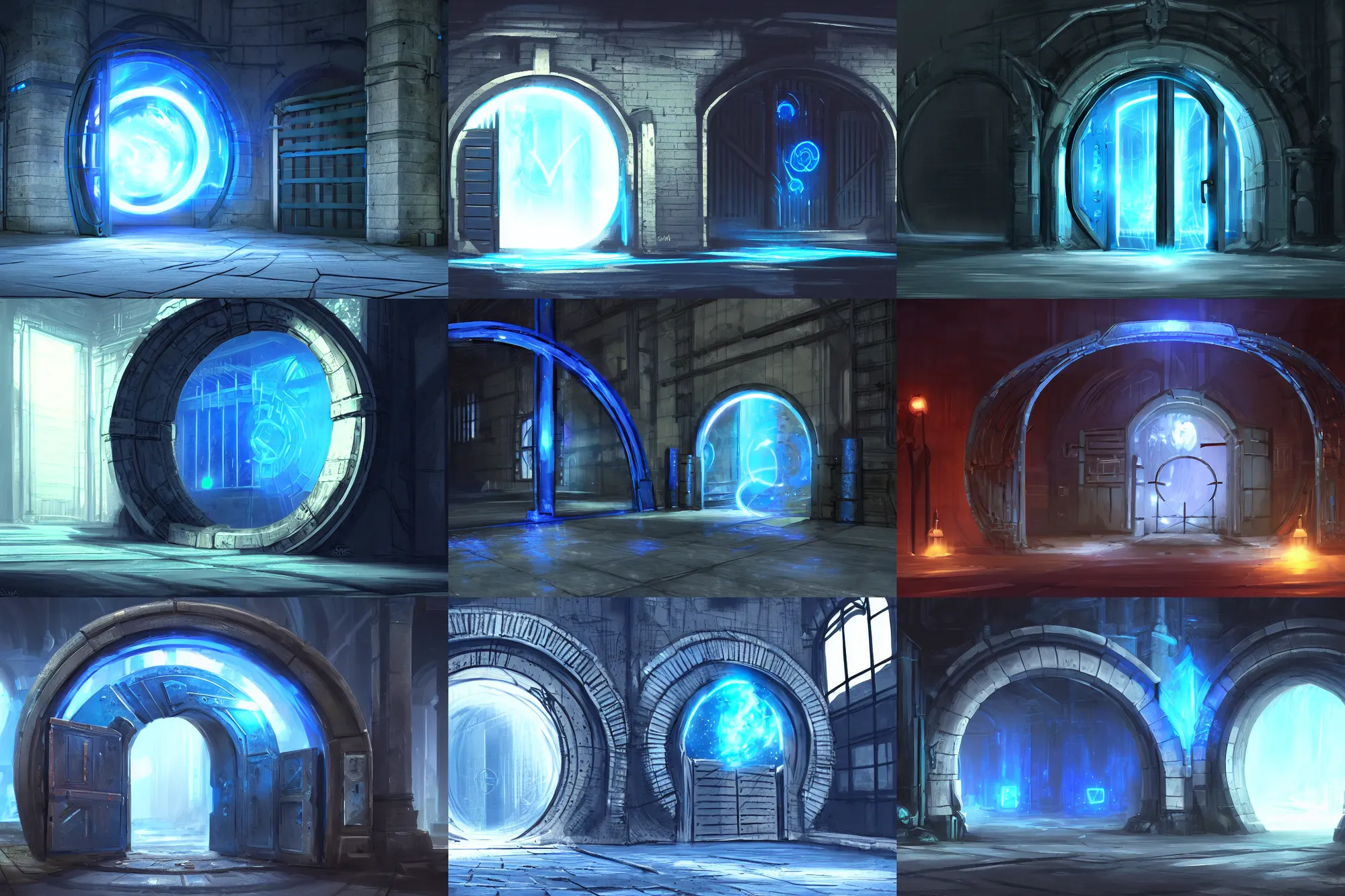 Prompt: circular gate in the middle of a huge dark warehouse, blue glowing portal contained within the gate, concept art, postapocaluptic game, artstation