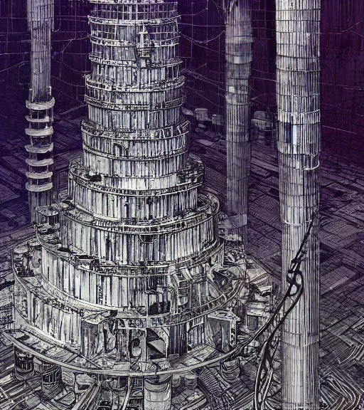 Image similar to tarkovsky, majestic ancient tower of babylon below a woman in transparent cyber clothing, hyperrealistic, blame manga, full color, manga style, by tsutomu nihei, cyber architecture, intricate, illustration, concept art, hyper - detailed, smooth, masterpiece, epic, cinematic, high quality