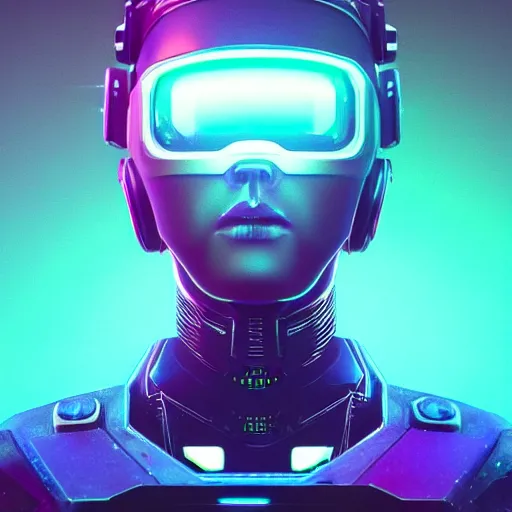 Prompt: cyberpunk cool bot, cinema 4 d, galaxy, ufo, space sci - fi, wearing vr goggles, illustration, portrait, pastel neon textured background night, trending on artstation, greg rutkowski, octane rendered, 1 2 k, detailed,