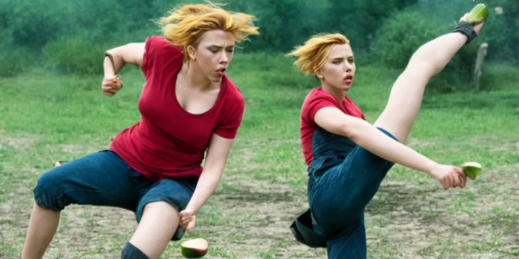 Image similar to scarlett johansson roundhouse kicking and smashing a watermelon, film still, highly detailed, film grain, behind the scenes, photorealism