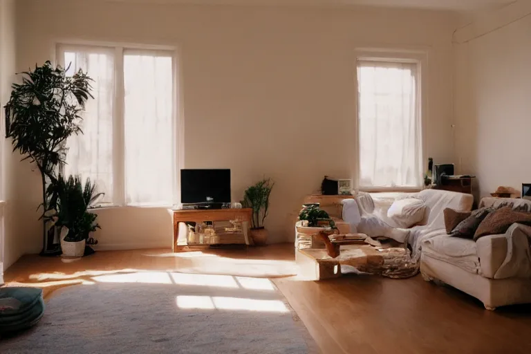 Image similar to film photography of the light shining in living room interior, soft light, no focus