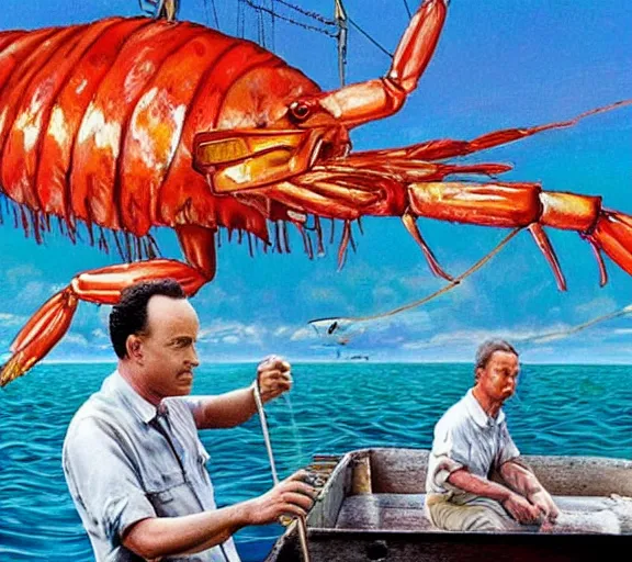 Image similar to Tom hanks as forrest fishing for shrimp in a giant shrimp boat, majestic beautiful world, surrealism painting, amazing detail