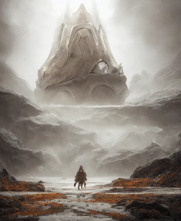 Image similar to surreal epic, masterpiece, romantic prometheus white } base, ancient ochre palette, impossible architecture by ruan jia, mecha floor, futuristic, blame, white architecture in the beach in iceland, foggy, highly detailed, digital painting, arstation, concept art, hyperealistic octane render, unreal engine