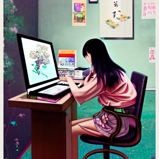 Image similar to full view of taiwanese girl studying at her computer, in taipei, style of yoshii chie and hikari shimoda and martine johanna, highly detailed