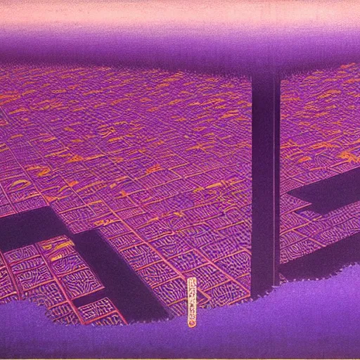 Image similar to purple cyberpunk city, by Hokusai and Beksinski