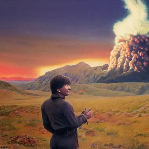 Image similar to ultra realistic portrait painting of john denver in west virginia with a nuclear explosion in the background,, art by frank frazetta, 4 k, ultra realistic, highly detailed, epic lighting