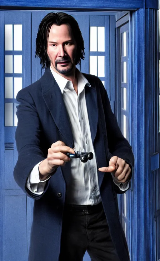 Prompt: portrait of Keanu reeves as 10th Doctor Who in the TARDIS with sonic screwdriver, Photo, High details, 8k, DSLR, long shot