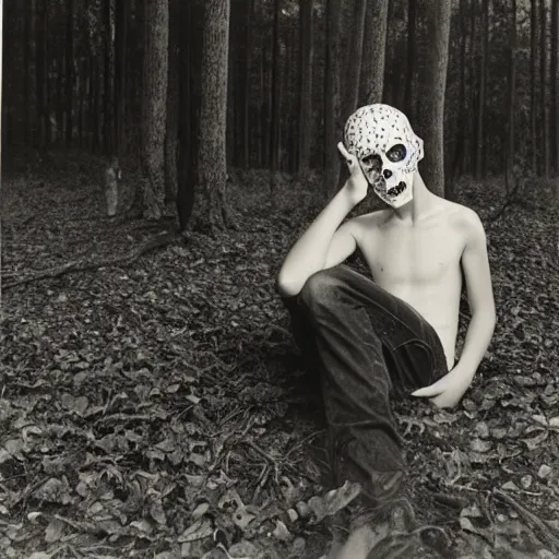 Prompt: teenage boy with skull mask, smoke around him, forest, by sally mann