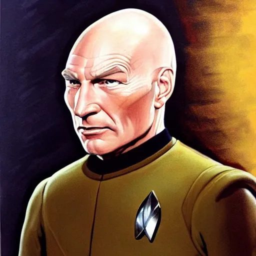 Prompt: captain picard from star trek the next generation the original series. realistic concept art painting,