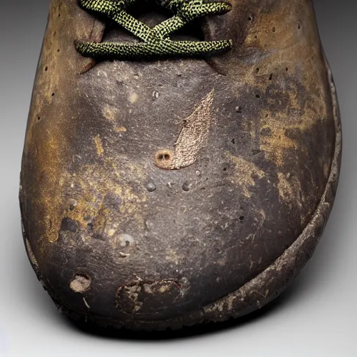 Prompt: a photo of a ancient medieval nike shoes, 4 k, ƒ / 8, focal length : 3 6 mm,