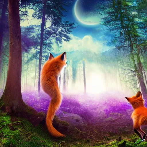 Image similar to an enchanting forest, foxes stand on their hind legs, look at the sky and wave goodbye with their forelegs. there is a purple unidentified flying object in the sky. fantasy. realistic photo. very clear shots.