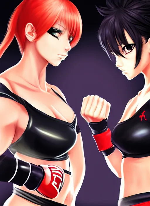 Prompt: two beautiful female fighters facing each other, black tops, dim lighting, gorgeous features, smooth, detailed anime art