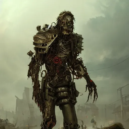 Prompt: a zombie cyborg wearing a samurai armour walks in a ruined western village, au naturel, hyper detailed, digital art, trending in artstation, cinematic lighting, studio quality, smooth render, unreal engine 5 rendered, octane rendered, art style by klimt and nixeu and ian sprigger and wlop and krenz cushart