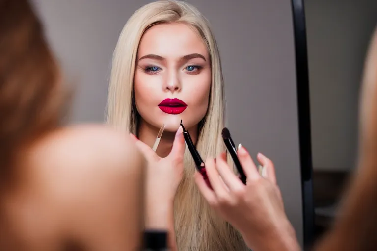 Image similar to young woman putting makeup on, holding lipstick and touching her lips with it, looking at mirror, blonde hair, sitting on a chair