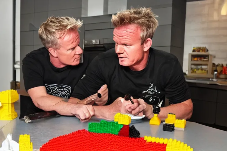 Prompt: gordon ramsey building a lego food