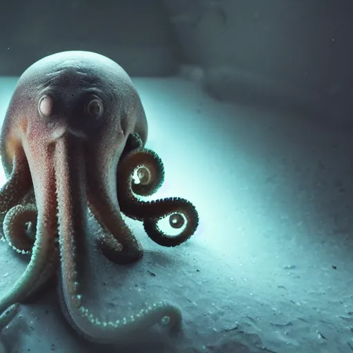 Prompt: dramatic full close - up portrait of a sad human cephalopod hybrid, detailed, dimly light room, tentacles, volumetric lighting,