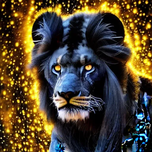 Image similar to epic photography of black lion with gold lightnings in the fur surrounded by ancient trees, colossal scale, photorealistic, high details, intricate by Evgeniy Antonenkov