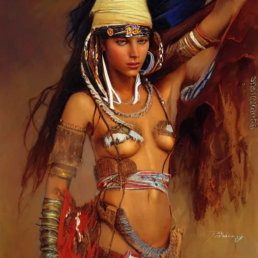 Prompt: tuareg girl in traditional dress, gaston bussiere, tom bagshaw