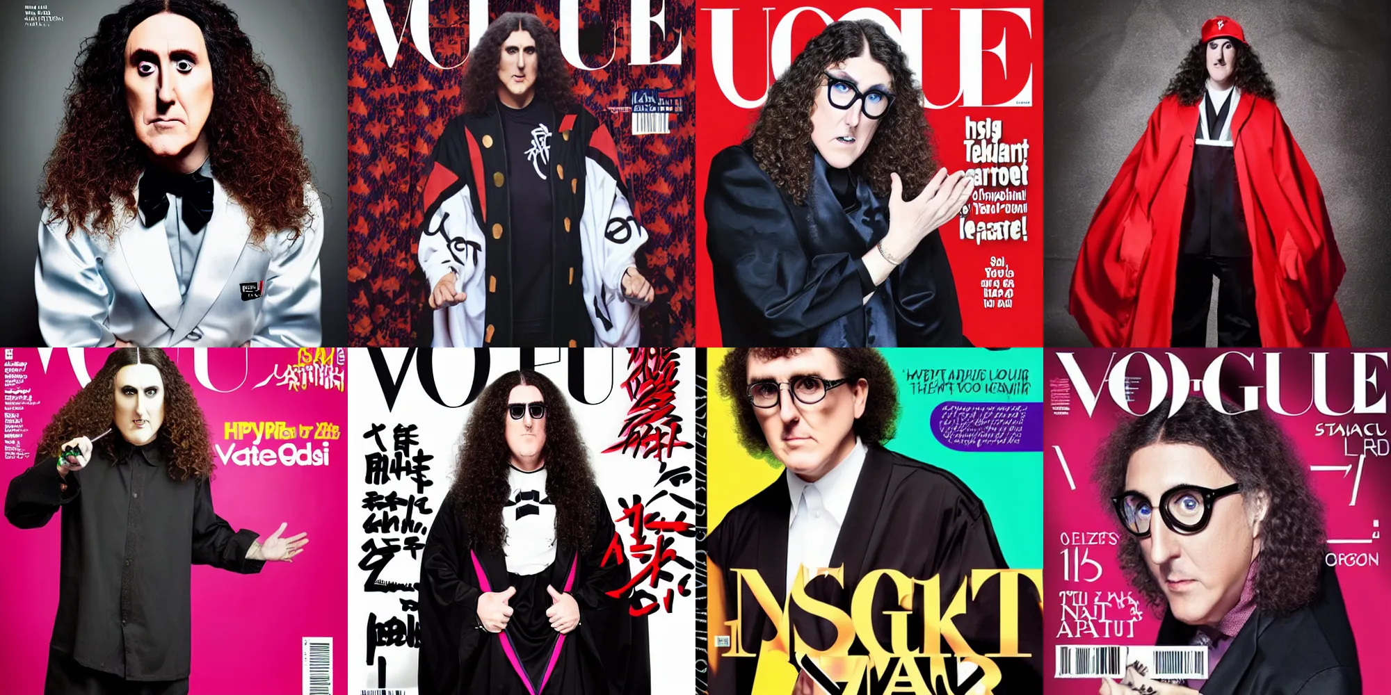 Prompt: Weird Al in Akatsuki attire hyper realistic 8k studio lighting vogue cover