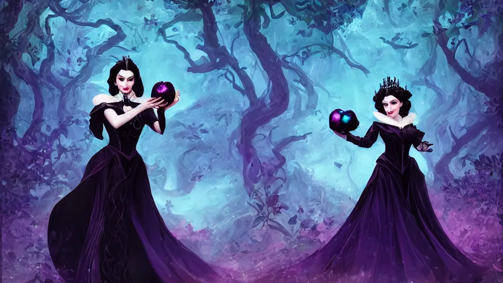 Image similar to evil queen holding up a crystal apple with both hands, wearing a black dress with big collar, a violet magical jungle in the background. in the style of magic the gathering, james jean, ross tran, craig mullins. yennefer vengerberg, magical atmosphere