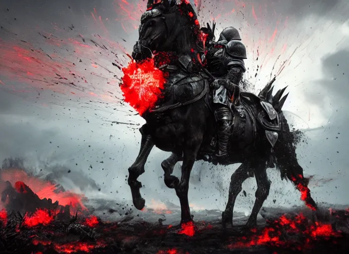 Image similar to a large man in full plate of black armor, splattered in blood, steaming rising, riding a large black horse with red glowing eyes and red wisps emanating from horses eyes, blackened clouds cover sky crackling with lightning and rain in the distance, a castle in distance in flames and ruins, the ground is dark and cracked,