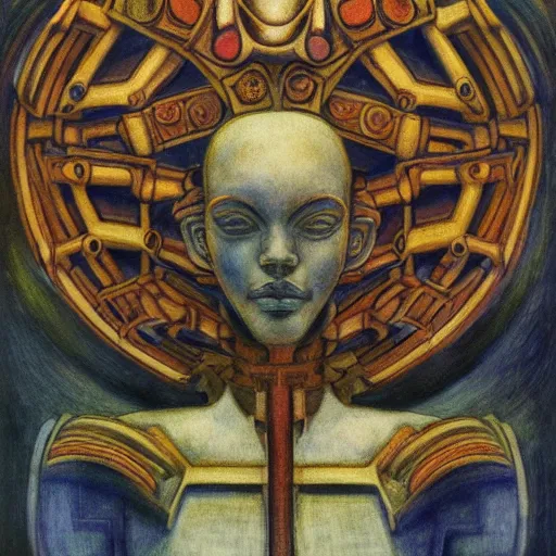 Prompt: the robot crown, by Annie Swynnerton and Diego Rivera, symbolist, dramatic lighting, elaborate geometric ornament, Art Brut ,god rays, soft cool colors,smooth, sharp focus, extremely detailed, Adolf Wölfli