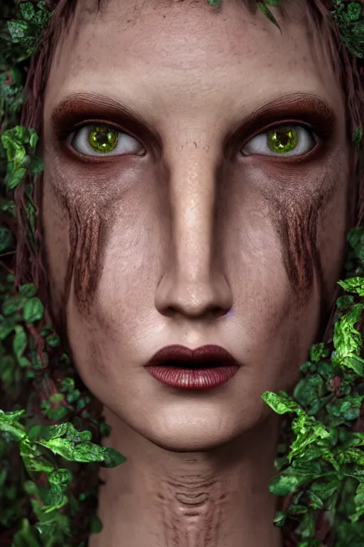 Image similar to A hyper real photo of a female dryad, whose face is made of wood, rendered in unreal, 4k, subtle horror theme, menacing.