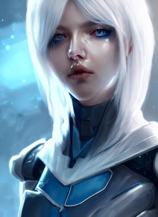 Image similar to detailed portrait of perfect white haired girl, android, warframe armor, beautiful, pretty face, blue cyborg eyes, innocent, scifi, 4 k, sun yunjoo, ultra realistic, aura of light, cinematic lighting, highly detailed, sharp focus, artstation, masterpiece, art by hyungjin yang