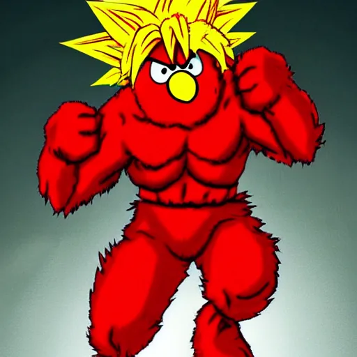 Image similar to angry buff Elmo turns super Saiyan, sesame street, 90s anime Toriyama style