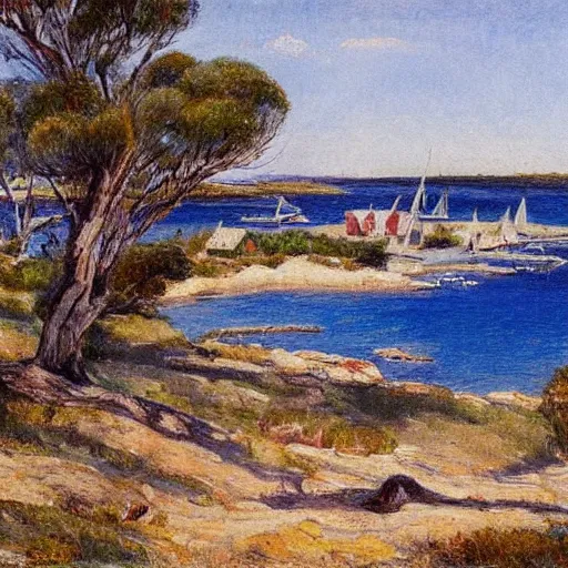 Prompt: Thompsons Bay Rottnest Island painted in the style of Frederick McCubbin, —height 1080 —width 1920
