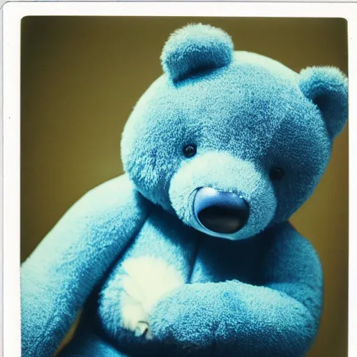 Prompt: a polaroid of a blue teddy bear with a weirdly human face