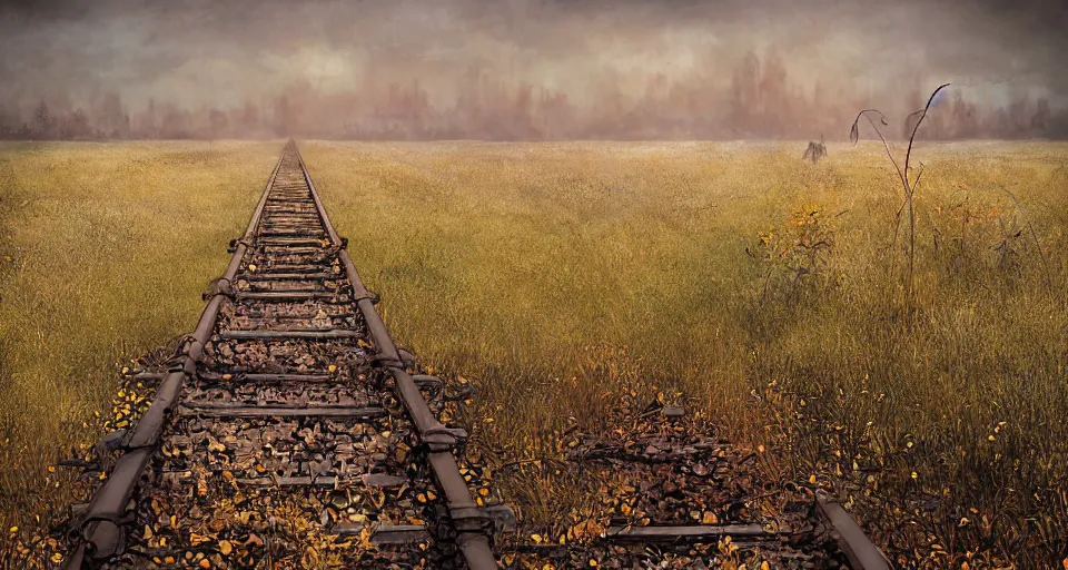 Image similar to rusty old railroad, in the steppe, autumn field, misty background, from the game pathologic 2, highly detailed, sharp focus, matte painting, by isaac levitan and asher brown durand,