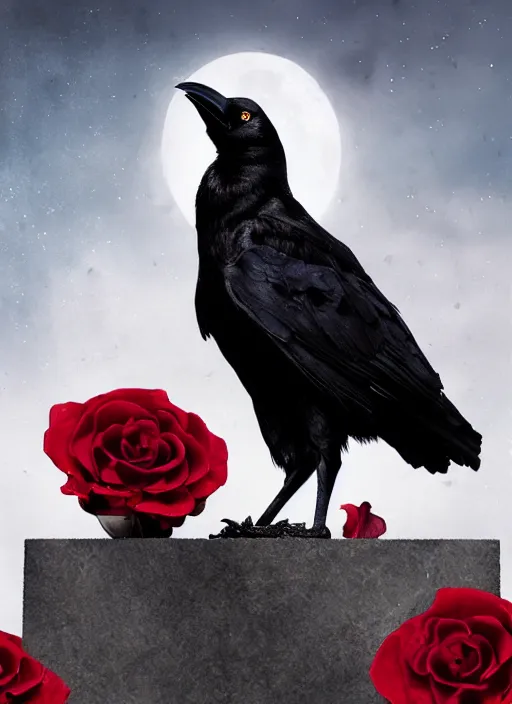 Image similar to portrait, a crow with red eyes in front of the full big moon, book cover, red roses, red white black colors, establishing shot, extremly high detail, foto realistic, cinematic lighting, by Yoshitaka Amano, Ruan Jia, Kentaro Miura, Artgerm, post processed, concept art, artstation, raphael lacoste, alex ross