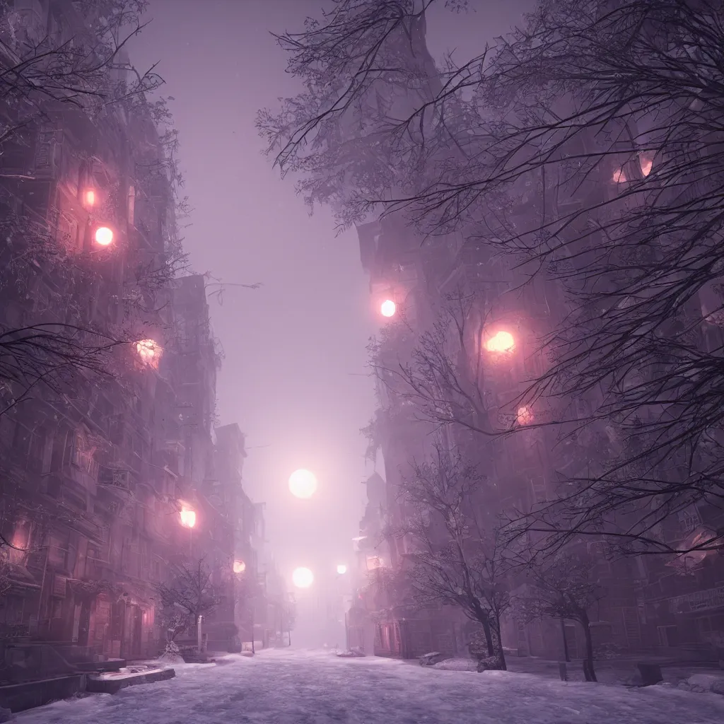 Image similar to a snowy street, red moon, unreal engine, global illumination, smoke, detailed and intricate environment, mysterious, in the style of aetherpunk