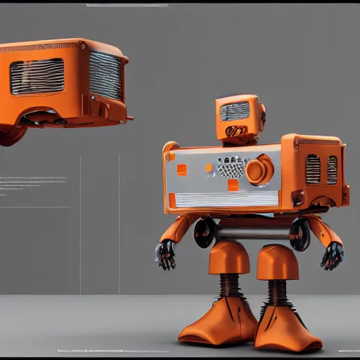 Image similar to toaster oven robot, mechanical, machine, octane render, concept art, sharp focus, hyper - realistic, intricate, detailed, eduard pronin, luka mivsek, ruan jia, orange tint