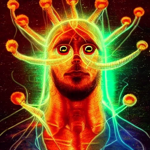 Image similar to three three eyed humanoids, third eye middle of forehead, wide wide shot, hairy bodies, vivid colors, thin wires, beautiful lighting