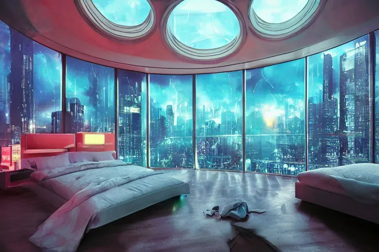 Image similar to a futuristic bedroom with large curved ceiling high windows looking out to a far future cyberpunk cityscape, cyberpunk neon lights, raining, scifi