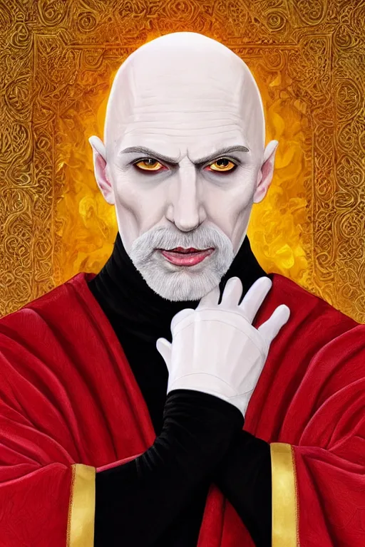 Image similar to a bald pale sorcerer in his late nineties. stately and dour in his expression. eyeliner accentuates his sunken eyes. a high black turtleneck covers his thin neck. opulent white golden red robe. white leather gloves with gold decoration, sharp focus, illustration, digital painting, art by magali villeneuve