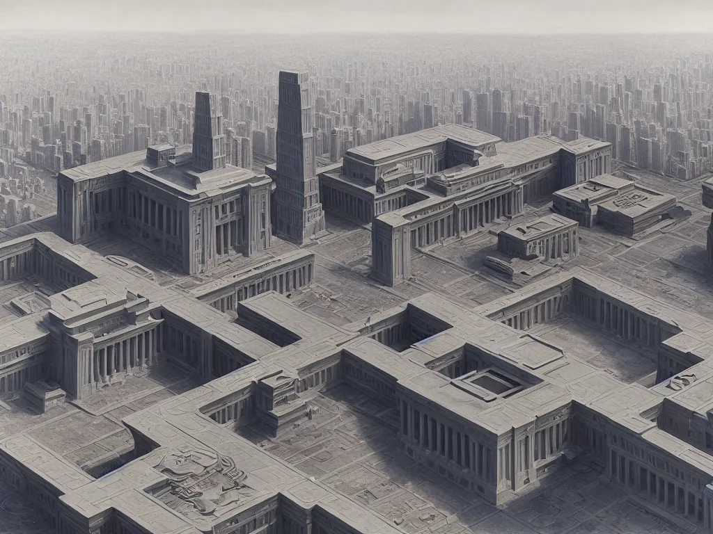 Image similar to matte painting by fan wennan. future capitol of the american communist party shining in the sun after the triumph of socialism in america, hyperdetailed, cinematic, photorealistic, hyperrealism, masterpiece, humble rectangular communist governmental architecture, statue, imposing, strength, abundance. aerial view. america 2 0 9 8
