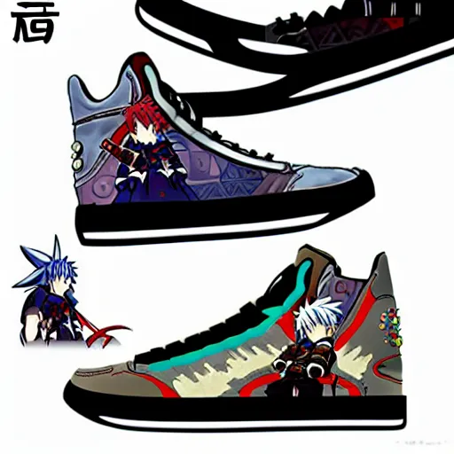 Image similar to fantasy anime jrpg sneaker design designed by studio ghibli, chrono trigger guilty gear style, aztec mayan street fashion native punk sneaker design, hip hop sneaker design with subtle mayan patterns, gapmoe yandere grimdark, trending on pixiv fanbox, painted by greg rutkowski makoto shinkai takashi takeuchi studio ghibli, akihiko yoshida