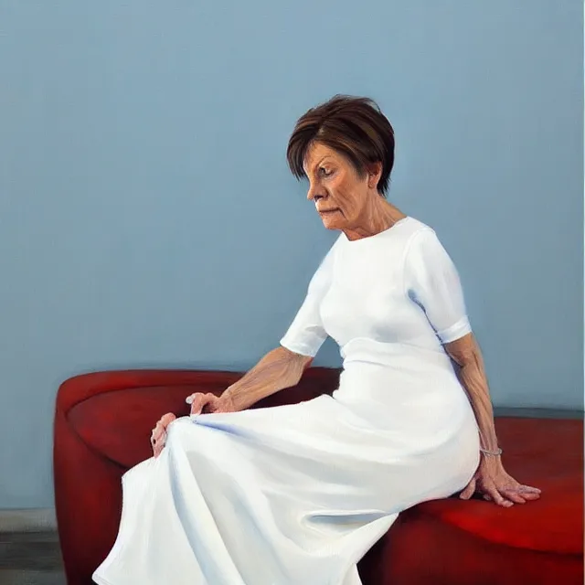 Prompt: a painting of a stunning middle aged woman in a white dress, a photorealistic painting by julio larraz, trending on cg society, figurative art, hyper realism, oil on canvas, detailed painting, eerie, liminal