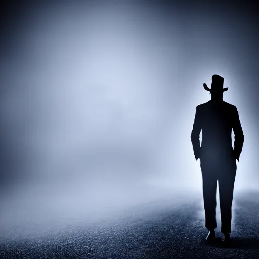 Image similar to mysterious man in black suit and black hat, he has a pistol, smoke, fog, mysterious, 4 k, highly detailed, digital art, strong shadows, high contrast, epic scene, atmospheric, blue colours, old photograph