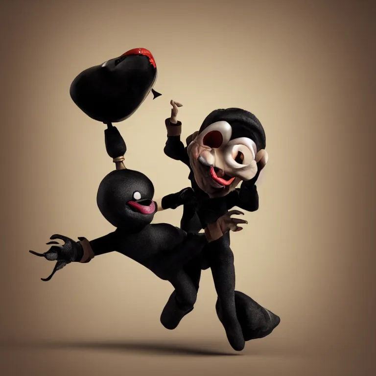 Image similar to arthouse film octane render portrait by wayne barlow and carlo crivelli and glenn fabry, an cute adorable evil hand puppet attacking a puppeteer wearing black tights and a long black shirt, cinema 4 d, ray traced lighting, very short depth of field, bokeh